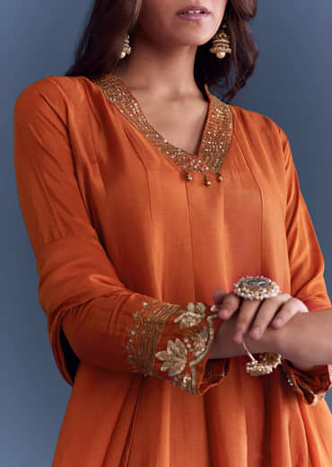 Orange Silk Anarkali Suit With Sequins And Cutdana Work