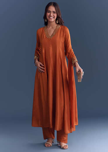 Orange Silk Anarkali Suit With Sequins And Cutdana Work