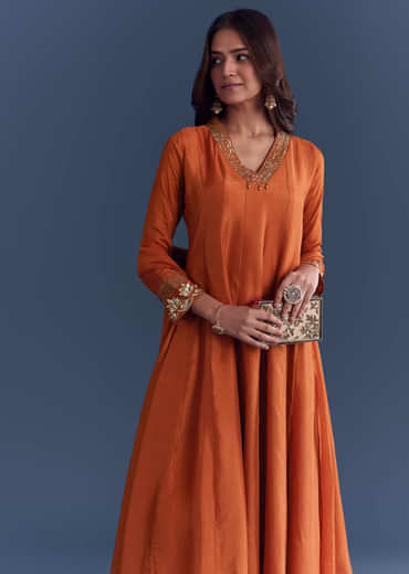 Orange Silk Anarkali Suit With Sequins And Cutdana Work