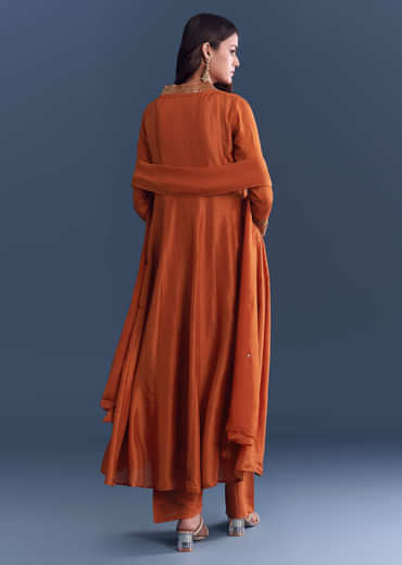 Orange Silk Anarkali Suit With Sequins And Cutdana Work