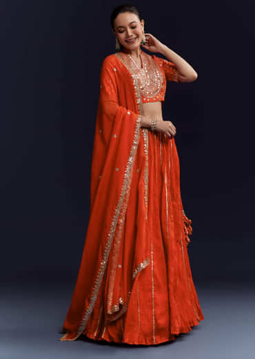 Orange Silk Bridesmaid Lehenga Set with Gota Lace Work