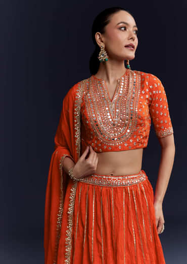Orange Silk Bridesmaid Lehenga Set with Gota Lace Work