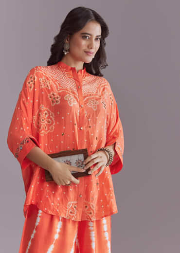 Orange Silk Co-Ord Set With Authentic Bandhani And Leheriya Print