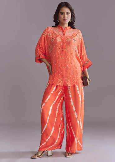 Orange Silk Co-Ord Set With Authentic Bandhani And Leheriya Print