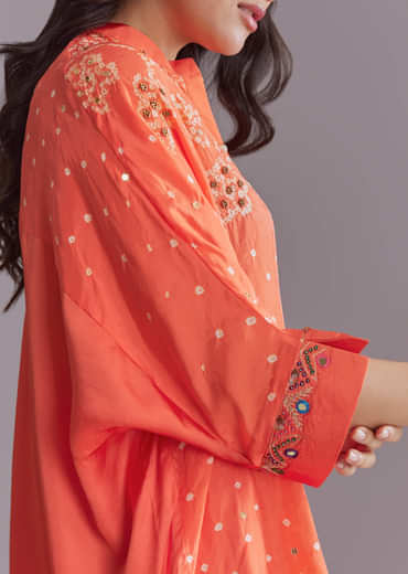 Orange Silk Co-Ord Set With Authentic Bandhani And Leheriya Print