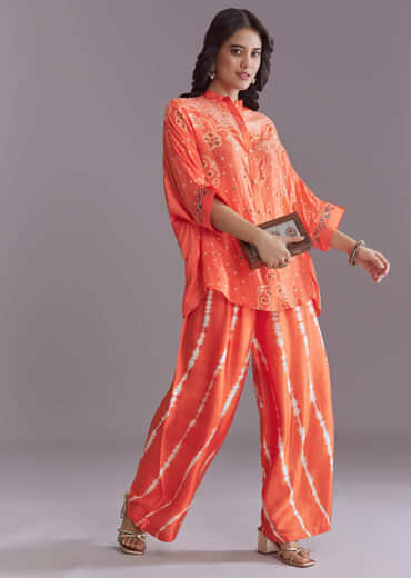 Orange Silk Co-Ord Set With Authentic Bandhani And Leheriya Print