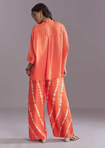 Orange Silk Co-Ord Set With Authentic Bandhani And Leheriya Print
