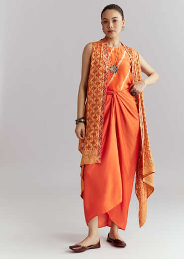 Orange Silk Crop Top And Wrap Skirt Set With Bandhani banarasi jacket