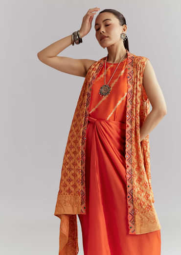 Orange Silk Crop Top And Wrap Skirt Set With Bandhani banarasi jacket
