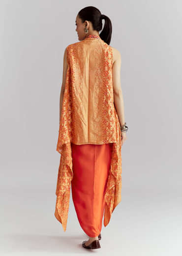 Orange Silk Crop Top And Wrap Skirt Set With Bandhani banarasi jacket