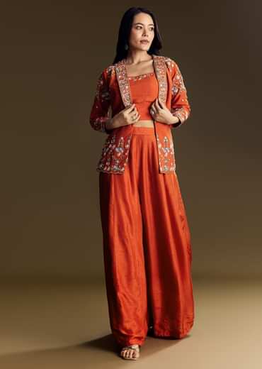 Orange Silk Crop Top Set With Thread And Sequin Jacket