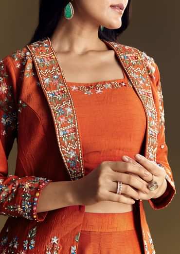 Orange Silk Crop Top Set With Thread And Sequin Jacket