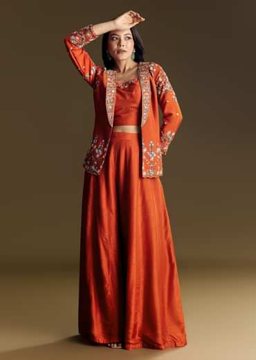 Orange Silk Crop Top Set With Thread And Sequin Jacket