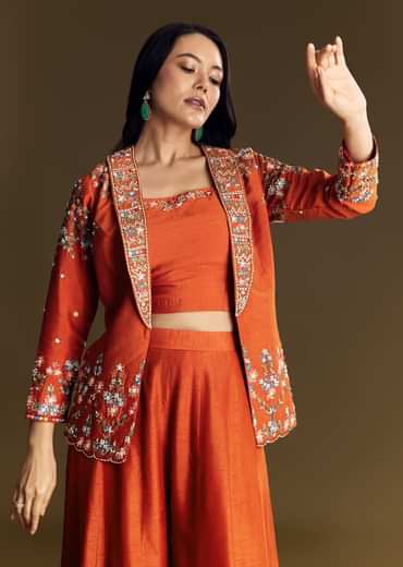 Orange Silk Crop Top Set With Thread And Sequin Jacket