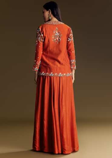 Orange Silk Crop Top Set With Thread And Sequin Jacket