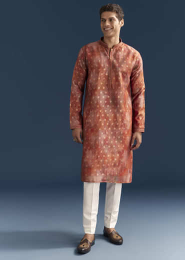 Orange Silk Kurta Set For Men With Abstract And Foil Print