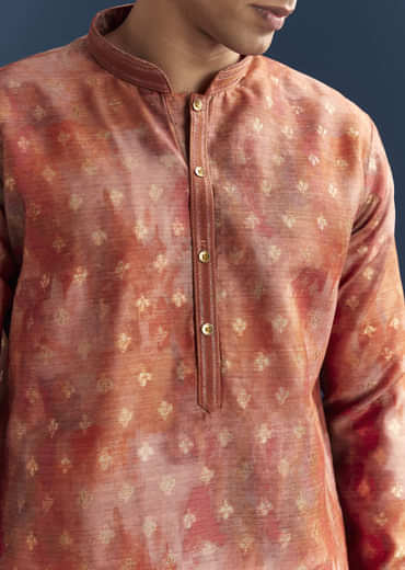 Orange Silk Kurta Set For Men With Abstract And Foil Print