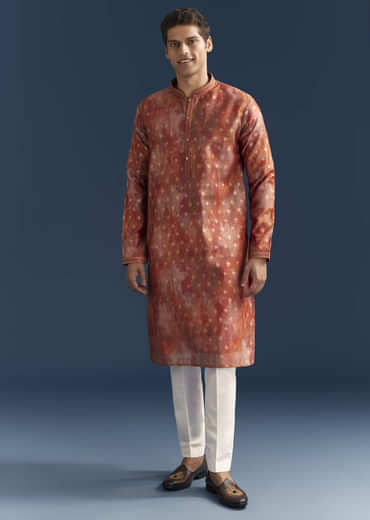 Orange Silk Kurta Set For Men With Abstract And Foil Print