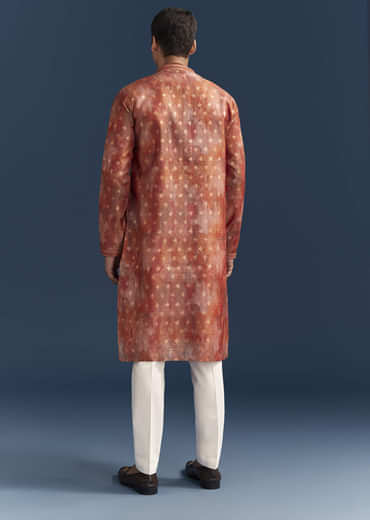 Orange Silk Kurta Set For Men With Abstract And Foil Print