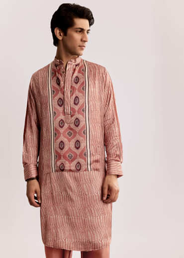 Orange Silk Kurta Set With Ajrakh Print