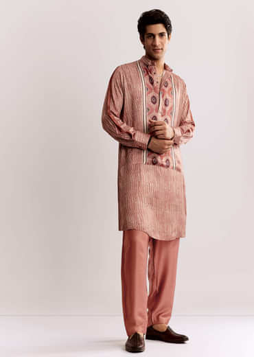 Orange Silk Kurta Set With Ajrakh Print