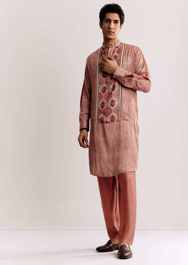 Orange Silk Kurta Set With Ajrakh Print