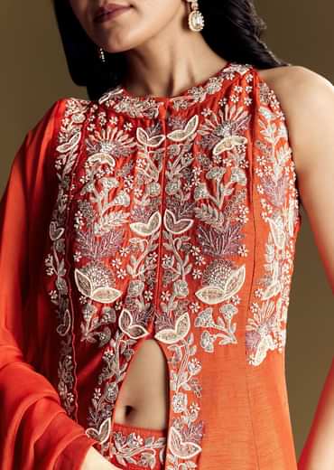 Orange Silk Palazzo Suit With Moti And Cut Dana Work