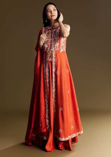 Orange Silk Palazzo Suit With Moti And Cut Dana Work
