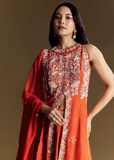 Orange Silk Palazzo Suit With Moti And Cut Dana Work