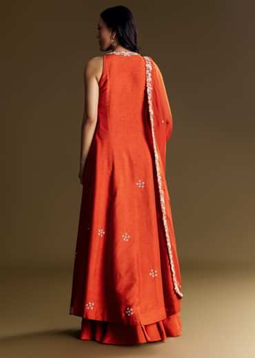 Orange Silk Palazzo Suit With Moti And Cut Dana Work