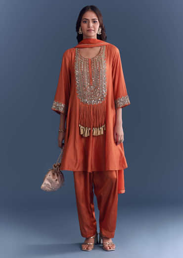 Orange Silk Patiala Suit With Mirror And Cutdana Embroidery