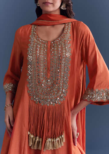 Orange Silk Patiala Suit With Mirror And Cutdana Embroidery