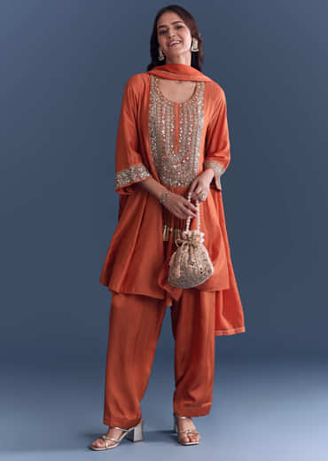 Orange Silk Patiala Suit With Mirror And Cutdana Embroidery