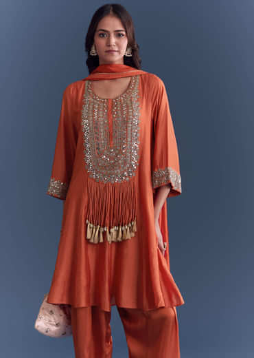 Orange Silk Patiala Suit With Mirror And Cutdana Embroidery