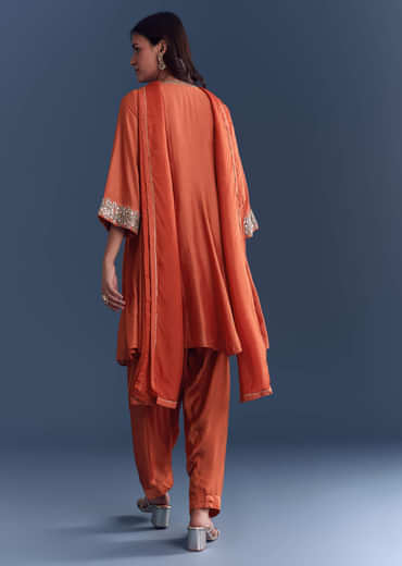 Orange Silk Patiala Suit With Mirror And Cutdana Embroidery