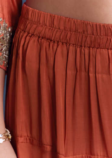 Orange Silk Patiala Suit With Mirror And Cutdana Embroidery