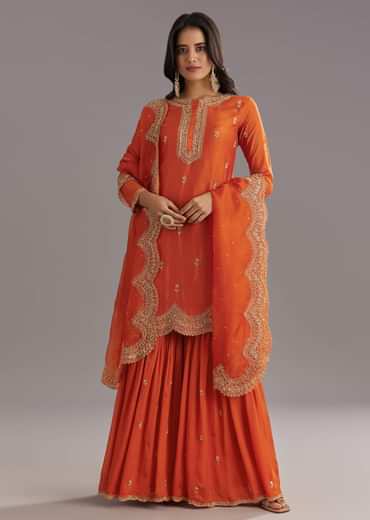 Orange Silk Sharara Set With Cut Dana and Sequins Work and Organza Dupatta