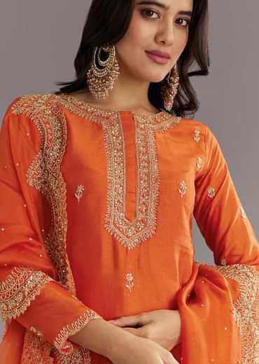 Orange Silk Sharara Set With Cut Dana and Sequins Work and Organza Dupatta