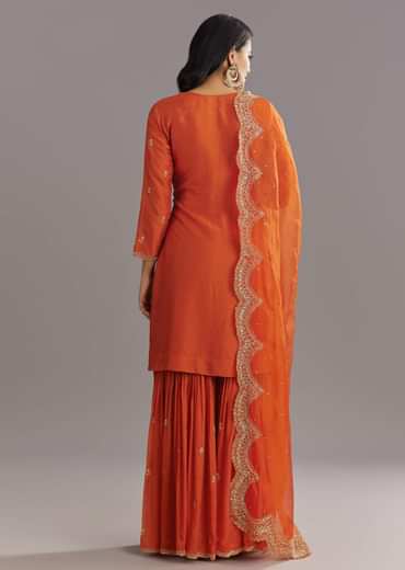 Orange Silk Sharara Set With Cut Dana and Sequins Work and Organza Dupatta