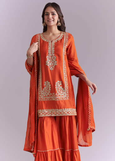 Orange Silk Sharara Suit With Gota And Zardosi Work