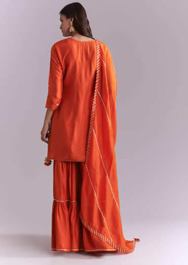 Orange Silk Sharara Suit With Gota And Zardosi Work