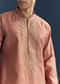 Orange Silk Textured Kurta Set For Men With Resham Work
