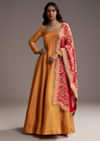 Orange Tissue Anarkali Suit With Butti Work And Printed Silk Dupatta