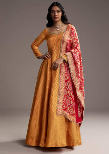 Orange Tissue Anarkali Suit With Butti Work And Printed Silk Dupatta