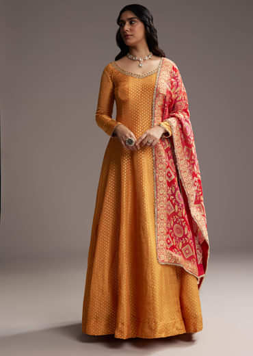 Orange Tissue Anarkali Suit With Butti Work And Printed Silk Dupatta