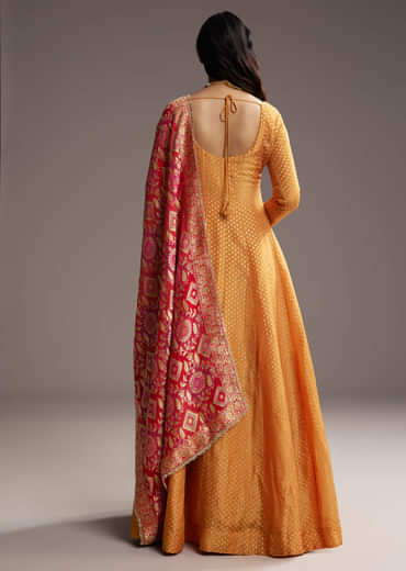 Orange Tissue Anarkali Suit With Butti Work And Printed Silk Dupatta