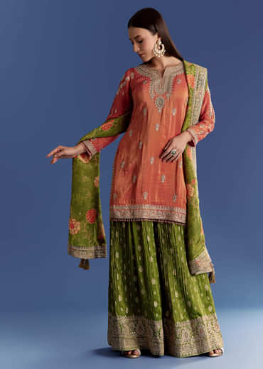 Orange Tissue Kurta Set With Zari Palazzo And Floral Dupatta