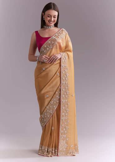 Orange Tissue Saree With Heavy Floral Embroidery