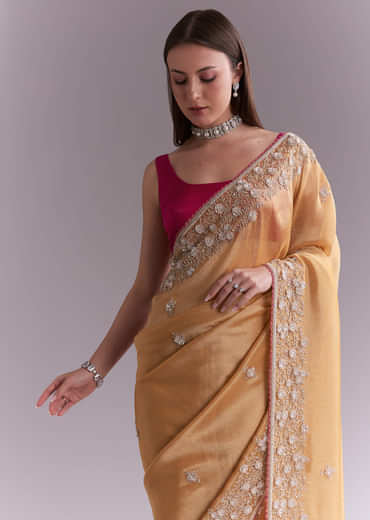Orange Tissue Saree With Heavy Floral Embroidery