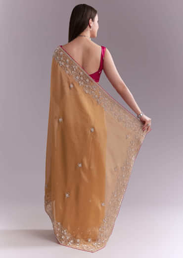 Orange Tissue Saree With Heavy Floral Embroidery